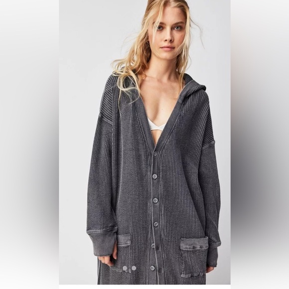 Free People One Harley Cardi Hoodie Maxi Waffle Knit Slouchy Charcoal - Picture 3 of 5